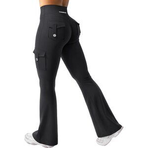 Women's Black High Waisted Workout Flare Leggings 32 inch Seam with Pockets